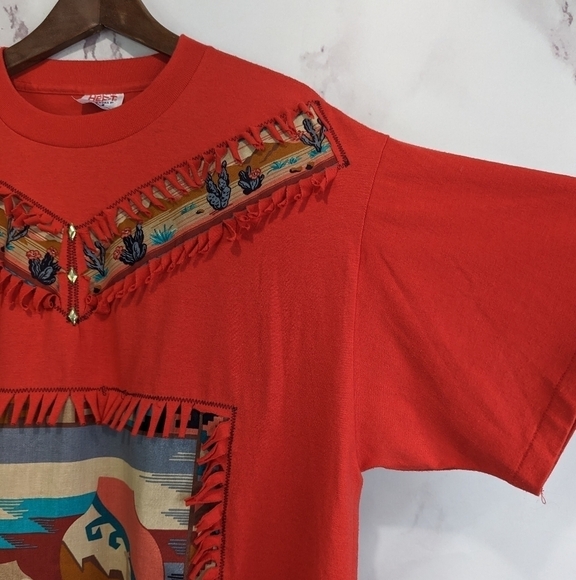 Vintage T Shirt 2X Women 90s Southwest Tribal Cactus Patchwork Stud Fringe 1249 - Picture 1 of 10